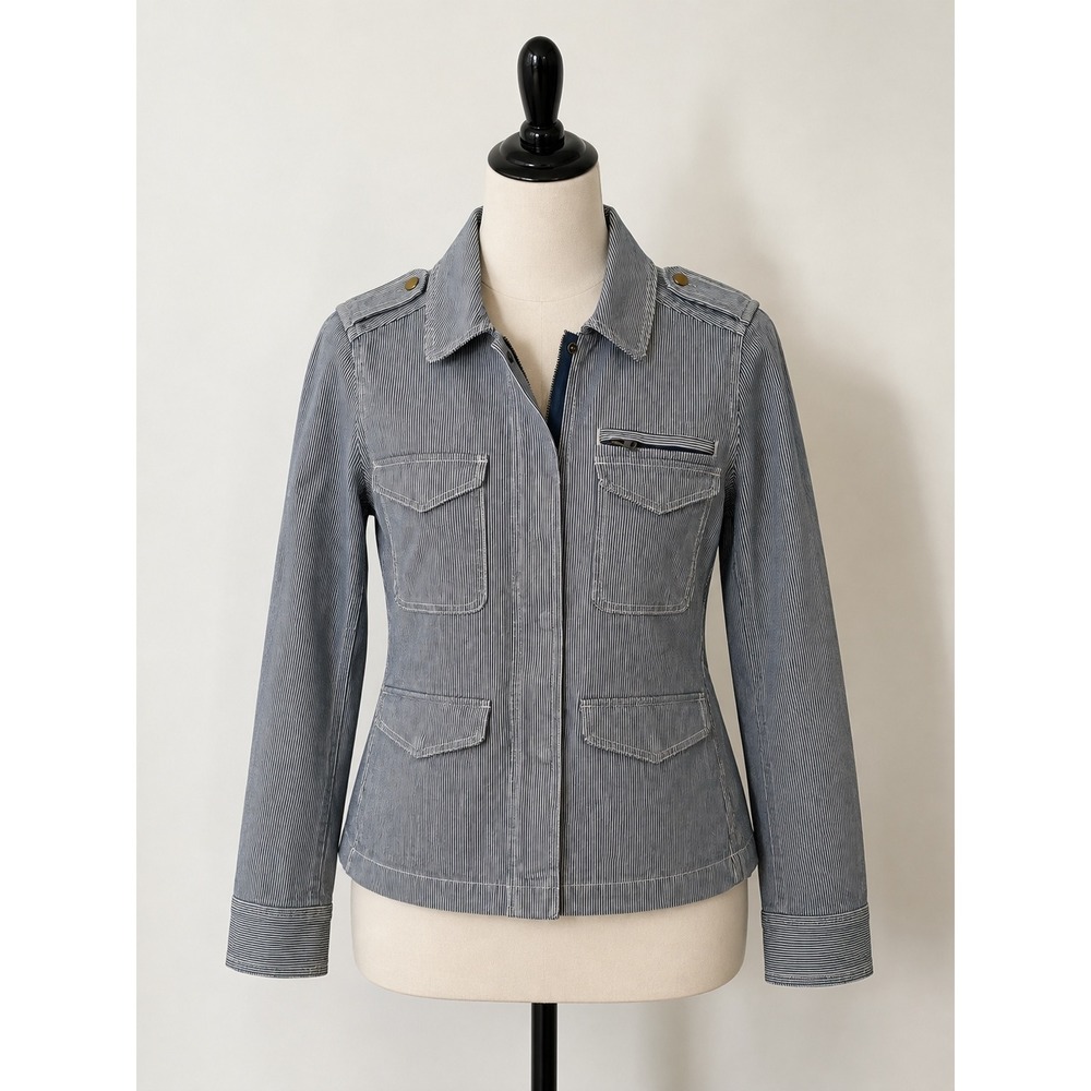 LOFT Hickory Stripe‎ Utility Jacket Blue White Military Field Coat Womens Large